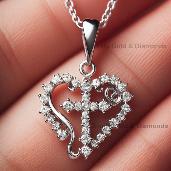 HEART PENDANT •  Moissanite Heart Cross Necklace • Heart Necklace • Natural Diamond Gift for Mom • Lab Grown Necklace •
