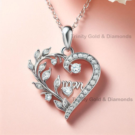 Mom Leaf Heart Pendant Necklace • Moissanite Diamond Heart Jewelry • Handmade Mother’s Day Gift • Elegant Necklace for Mom
