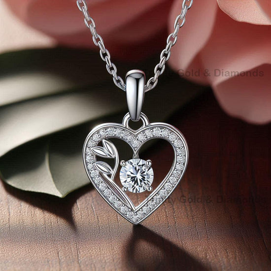 Dainty Leaf Heart Pendant Necklace • Moissanite Diamond Heart Jewelry • Handmade Mother’s Day Gift • Elegant Necklace for Her