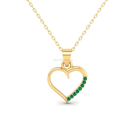 Emerald Accent Open Heart Pendant Necklace, Handmade Minimal Gold Jewelry Gift for Her, Dainty Romantic Charm