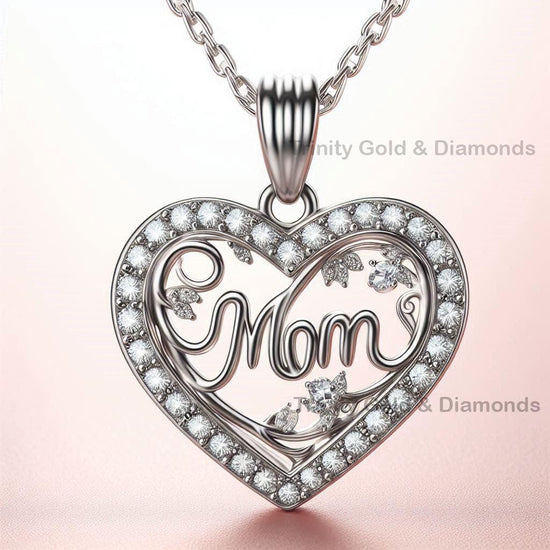 Mom Heart Pendant Necklace • Moissanite “Mom” Script Necklace • Handmade Mother’s Day Jewelry Gift • Dainty Diamond Look Pendant for Her