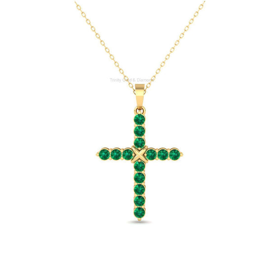 Emerald Cross Necklace, Handmade Green Gemstone Pendant, Spiritual Faith Jewelry Gift for Her, Minimalist Religious Charm