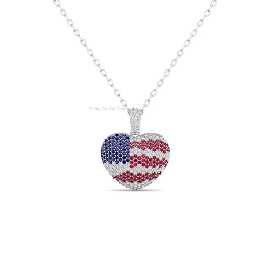 40mm USA Flag Heart Pendant Necklace, American Pride Red White Blue Jewelry, 925 Silver Patriotic Gift for Her, 4th of July, Mother’s Day,