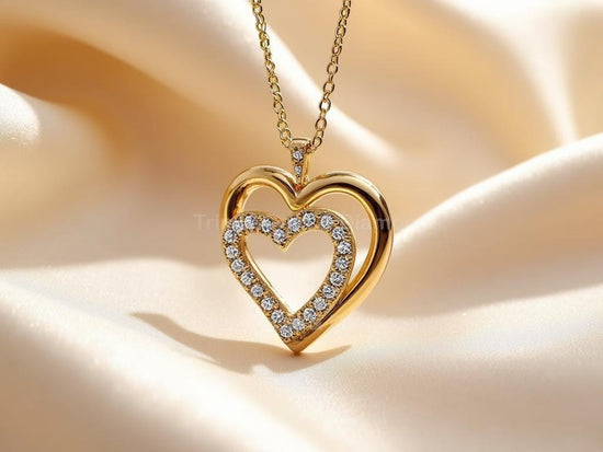 Double Heart • Open Heart Outline • Sparkling Heart • Modern Heart Silver • Two Hearts Pendant • Moissanite Diamond Heart Gift for Her
