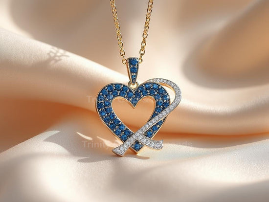 Blue & White Diamond Intertwined Heart Pendant Necklace for Women • Dainty Double Heart Charm • Swirl Heart Blue • Open Heart Silver
