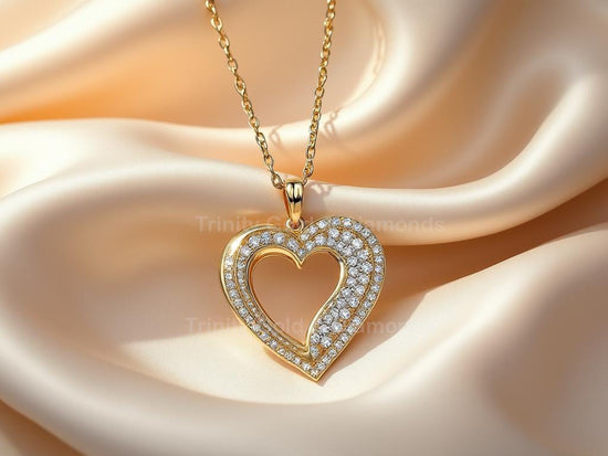 Open Heart Diamond Pendant Necklace for Women • Delicate Heart • Elegant Gold-Tone Dainty Heart Charm, Love Shape Anniversary Necklace Gift
