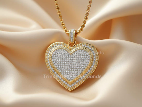 Bold Double Frame Diamond Heart Pendant Necklace for Women • Full Pave Gold-Tone Love Charm • Elegant Statement Jewelry Gift • Classic Heart