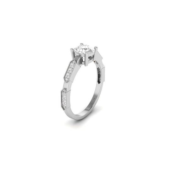 Round Solitaire Moissanite Engagement Ring in 14KT Gold Over Sterling Silver | Vintage Milgrain Side Accent Ring for Her