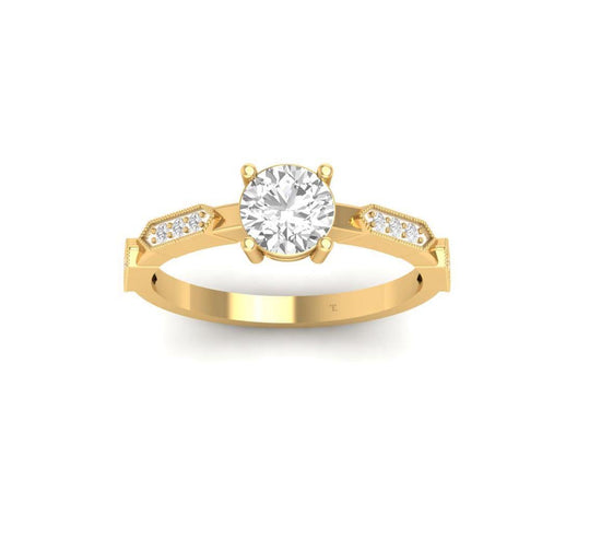 Round Solitaire Moissanite Engagement Ring in 14KT Gold Over Sterling Silver | Vintage Milgrain Side Accent Ring for Her