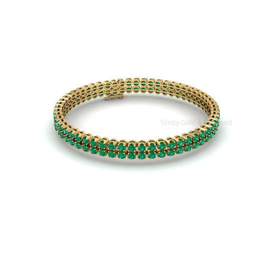Green Emerald Tennis Bracelet For Women, Handmade 14K Gold Plated Statement Bracelet, Double Row Birthstone Gift Jewelry