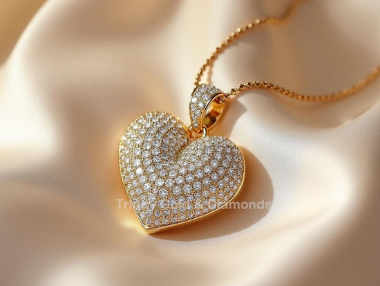 Luxury Pavé Heart Pendant Necklace • Sparkly Gold Love Charm with Beaded Chain • Bold Iced Out Jewelry • Gift for Women