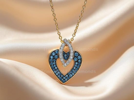 Blue & White Interlocked Heart Pendant Necklace • Gold-Tone Elegant Love Charm • Sparkly Gift for Her • Modern Romantic Jewelry