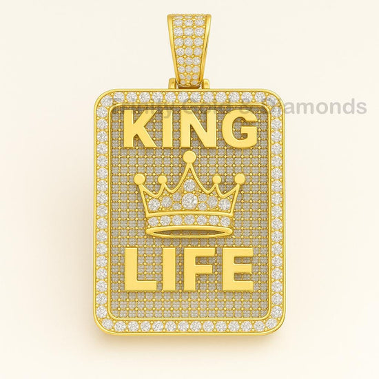 King Life Pendant for Men, Crown Iced Out Necklace, Gold Hip Hop Jewelry, Statement Gift Chain, Urban Streetwear Bling Pendant