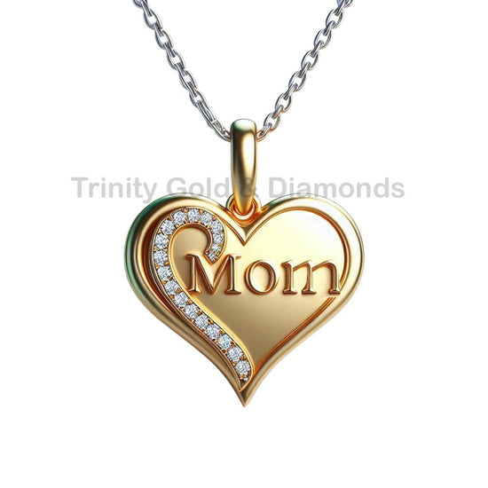 Handmade Gold Mom Heart Pendant with Curved Stone Accent, Elegant Mother’s Day Necklace Gift, Jewelry for Her