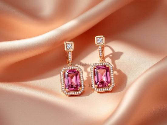 Emerald Cut Pink Gemstone Dangle Earrings • Rose Gold Drop Earrings • Dainty Wedding Jewelry • Elegant Gift for Her