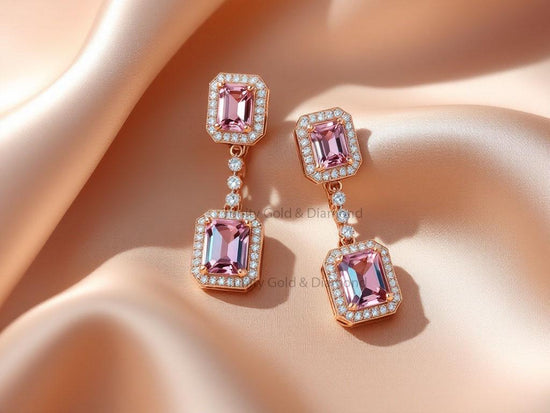 Double Drop Pink Gemstone Earrings • Rose Gold Dangle Bridal Earrings • Long Statement Wedding Jewelry • Elegant Gift for Her