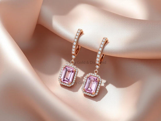 Huggie Drop Pink Gemstone Earrings • Emerald Cut Rose Gold Dangle Hoops • Elegant Handmade Jewelry Gift for Women