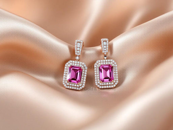 Double Halo Pink Gemstone Earrings • Emerald Cut Drop Earrings • Luxury Rose Gold Dangle • Elegant Gift for Women