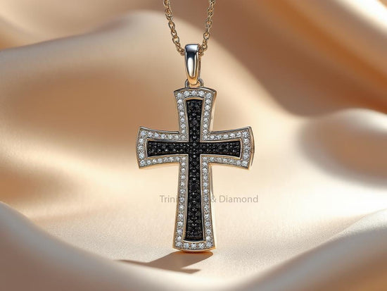 Black and White Cross Pendant Necklace • Gold Plated Christian Jewelry for Men & Women • Gothic Faith Charm • Religious Gift Necklace