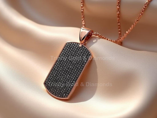 Black Pavé Dog Tag Pendant Necklace • Rose Gold Plated Men&