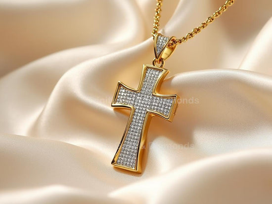 Curved White Pave Cross Charm • Christian Jewelry Gift for Him or Her • Faith Pendant • Holiday Baptism Gift • Gold Cross Pendant Necklace