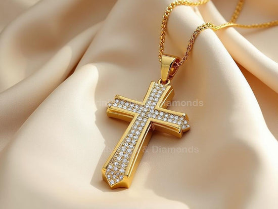 Cross Pendant Necklace with White Pavé Stones • Beveled Edge Christian Jewelry • Gift for Him • Statement Faith Chain
