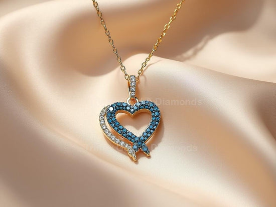 Double Heart Pendant Necklace • Gold Plated Love Charm for Her • Elegant Romantic Gift • Blue and White Dainty Two-Tone Jewelry