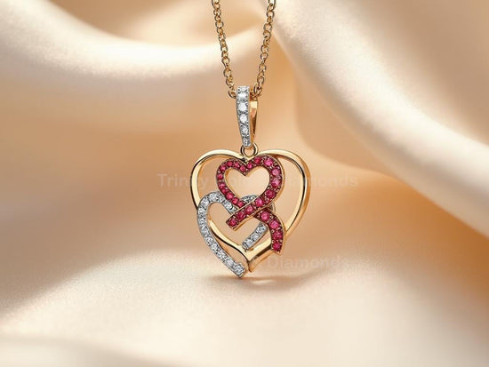 Interlocked Double Heart Pendant Necklace • Pink & White Stone Gold Charm • Romantic Gift for Her • Dainty Love Jewelry for Women