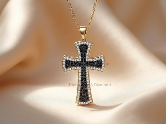 Cross Pendant Necklace • Black & White Pave Diamond Cross • Gold Religious Jewelry for Men And Women • Faith Symbol Gift Necklace