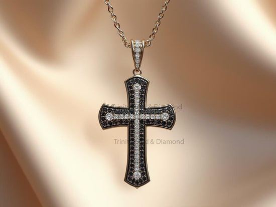 Black Pave Cross Pendant with White Accent • Unique Gold Cross Necklace • Gothic Faith Jewelry • Religious Gift for Him or Her