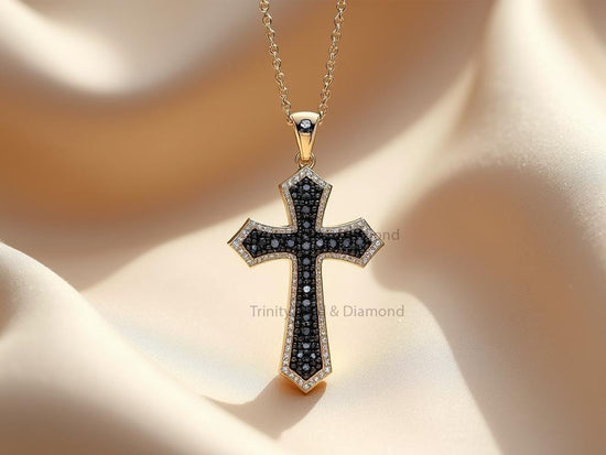 Black Pave Cross Pendant Necklace • Bold Gothic Gold Cross Charm • Flared Religious Jewelry • Faith Gift for Men & Women • Elegant Symbol