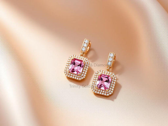 Pink Halo Drop Earrings • Emerald Cut Pink Gemstone Earrings • Gold Dangle Earrings with Diamond Halo • Elegant Bridal Jewelry Gift for Her