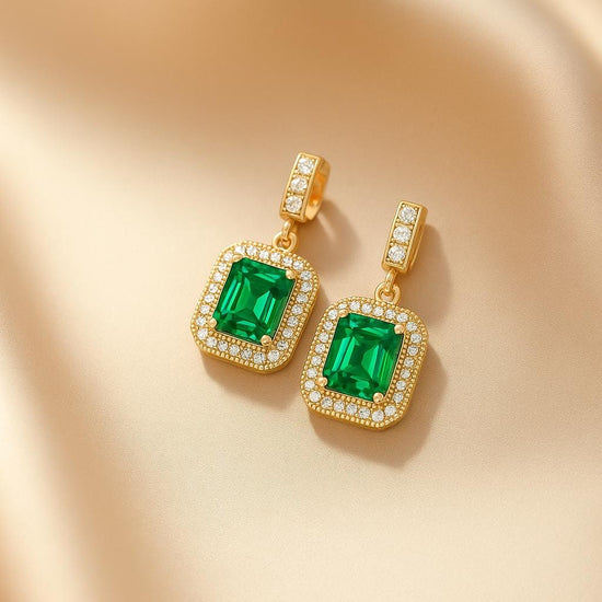 Emerald Halo Drop Earrings • Gold Emerald Cut Dangle Earrings with Diamond Halo • Statement Gift for Her • Bridal Green Stone Jewelry
