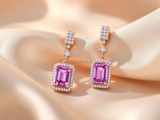 Pink Emerald Cut Drop Earrings • Diamond Accent Gold Dangle Earrings • Bridal Jewelry for Women • Gift for Her • Glamorous Statement