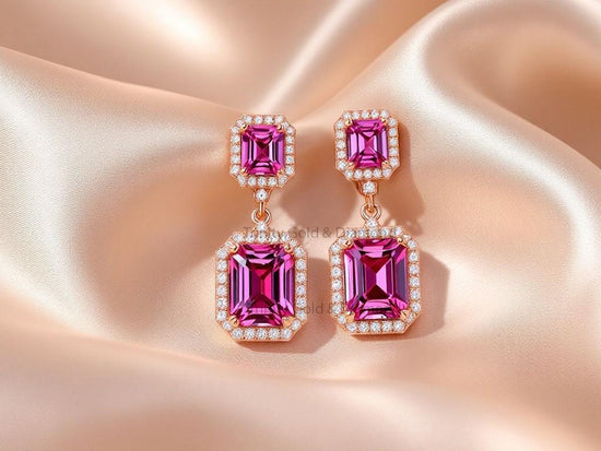 Double Emerald Cut Pink Drop Earrings • Halo Dangle Gold Earrings • Statement Bridal Jewelry • Elegant Gift for Her • Luxury Earrings