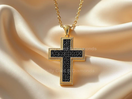 Black Cross Pendant Necklace • Gold Border Pave Christian Charm • Bold Religious Jewelry • Handmade Faith Necklace for Men & Women