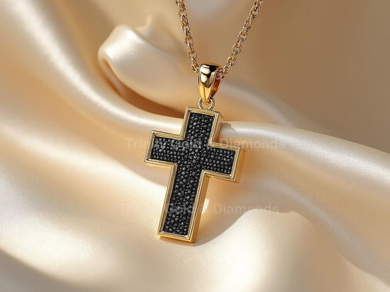 Minimalist Black Cross Pendant Necklace • Gold Framed Pavé Charm • Handmade Unisex Christian Jewelry • Faith Symbol Necklace Gift