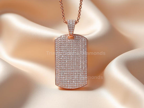 Moissanite Diamond Dog Tag Pendant Necklace for Men, Pavé Diamond Tag Necklace, Rose Gold Hip Hop Bling Jewelry, Gift for Him