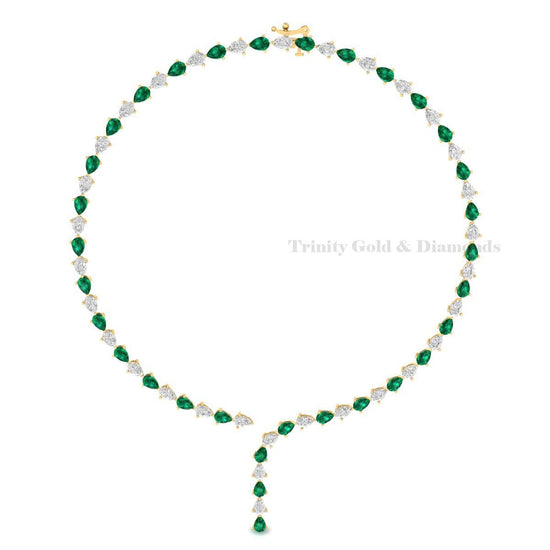 Pear Cut Emerald Diamond Drop Necklace • Green Stone Y Necklace • Bridal Wedding Jewelry • Handmade Statement Necklace Gift