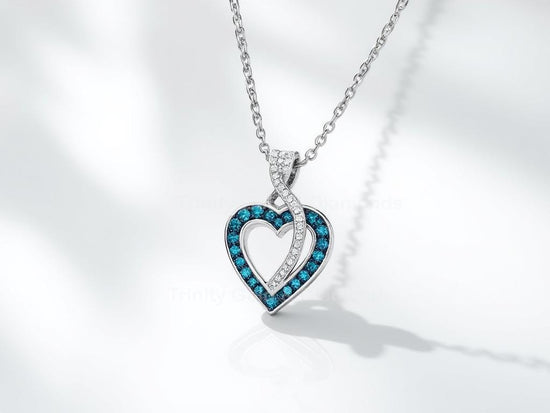 Entwined Ribbon Heart Pendant , Open Heart Swirl Necklace Silver with Blue & White Moissanite,Flowing Heart Necklace, Modern Open Heart