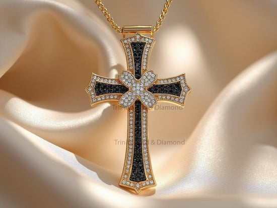 Luxury Gold Cross Pendant • Black CZ & Flower Cluster Necklace • Handmade Religious Statement Jewelry for Men And Women