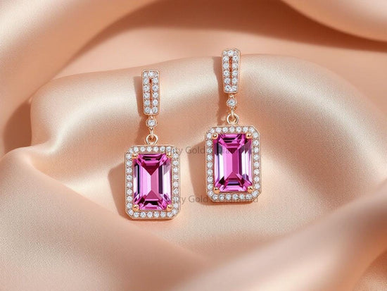 Pink Emerald Cut Drop Earrings • Halo Dangle Earrings • Handmade Rose Gold CZ Statement Earrings • Gift for Her