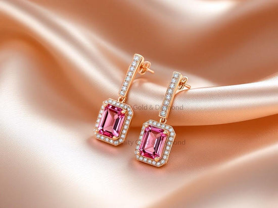 Pink Emerald Cut Halo Dangle Earrings • Rose Gold Drop Earrings • Handmade Push Back Statement Jewelry • Gift for Her