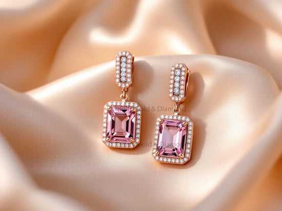 Blush Pink Emerald Cut Drop Earrings • Rose Gold Halo CZ Dangles • Handmade Bridal Earrings • Elegant Gift for Her