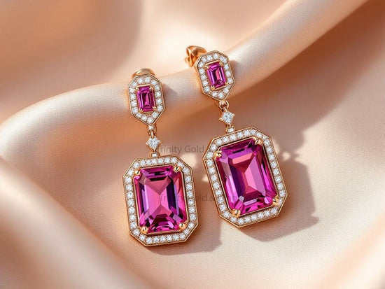 Double Emerald Cut Pink Drop Earrings • Rose Gold Halo Moissanite Dangle Earrings • Handmade Luxury Gift for Her