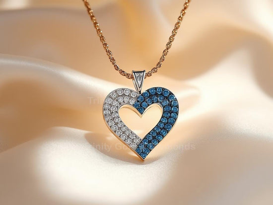 Blue And White Heart • Open Heart Silver • Two Tone Heart • Open Heart Blue & White Diamond Pendant Necklace for Women, Dainty Love Charm