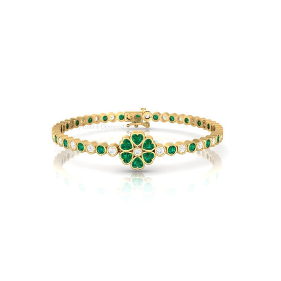 Clover Emerald Diamond Bracelet • Lucky Charm Gold Bracelet for Women • Heart Cut Gemstone Bangle • Handmade Luxury Gift Jewelry