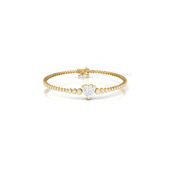 Heart Diamond Gold Bracelet, Dainty Bezel Set Tennis Bracelet, Handmade Gift for Her, Adjustable Elegant Bangle for Women
