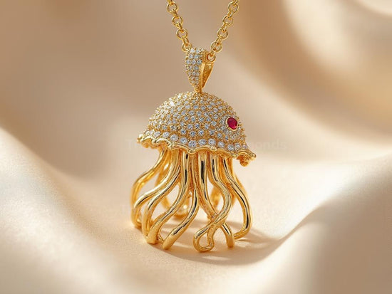 Coastal Summer Style •Jellyfish Pendant Necklace • Pavé Sea Life Charm • Ocean Animal Jewelry for Her • Ruby Accent Marine Gift
