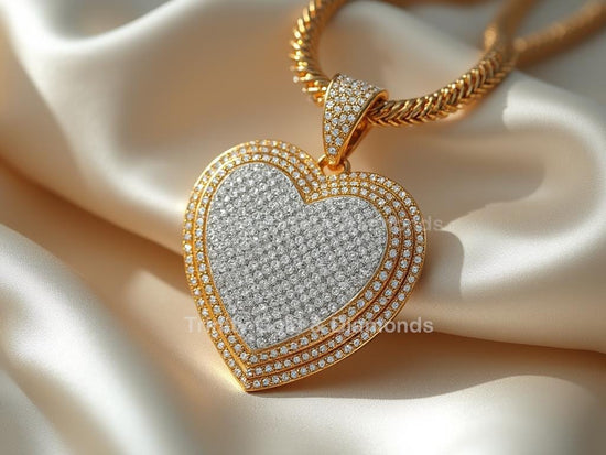 Iced Out Triple Row Heart Pendant Necklace • Hip Hop Bling Statement Jewelry • Sparkly Gold Heart Charm • Gift for Him And Her Without Chain